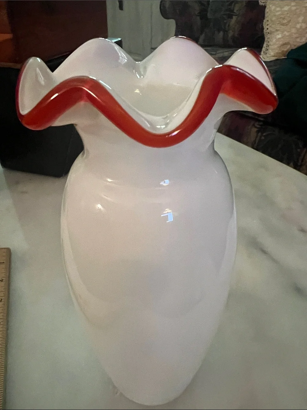 Glossy White Glass Vase with Red Ruffle Rim